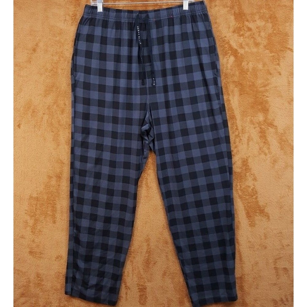 PERRY ELLIS Pajama Pants XL Grey Buffalo Check Deluxe Drawstring Sleepwear PJs